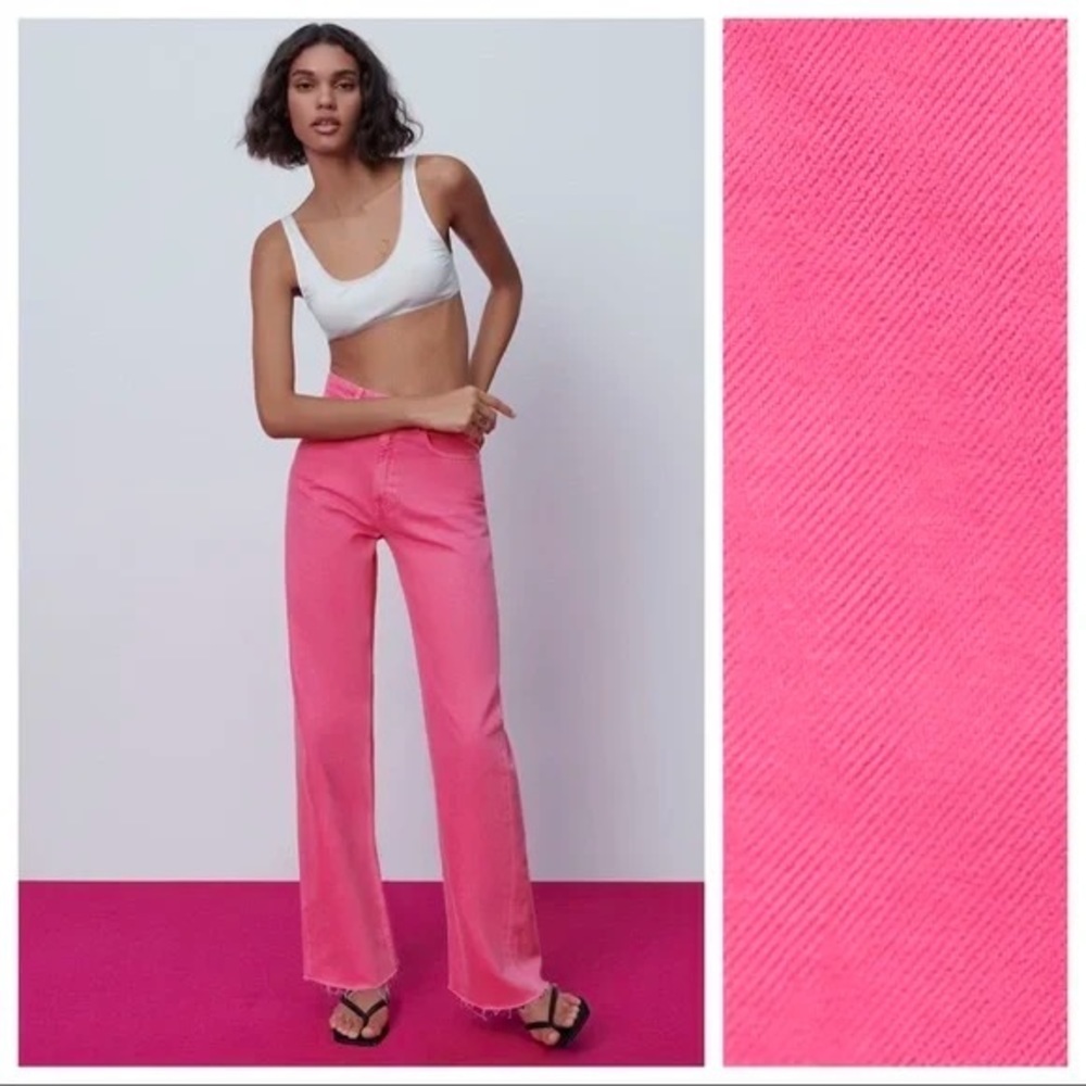 lightly worn - Zara Bubble Gum PINK Wide Leg Full Length High Waist Jeans size 4
